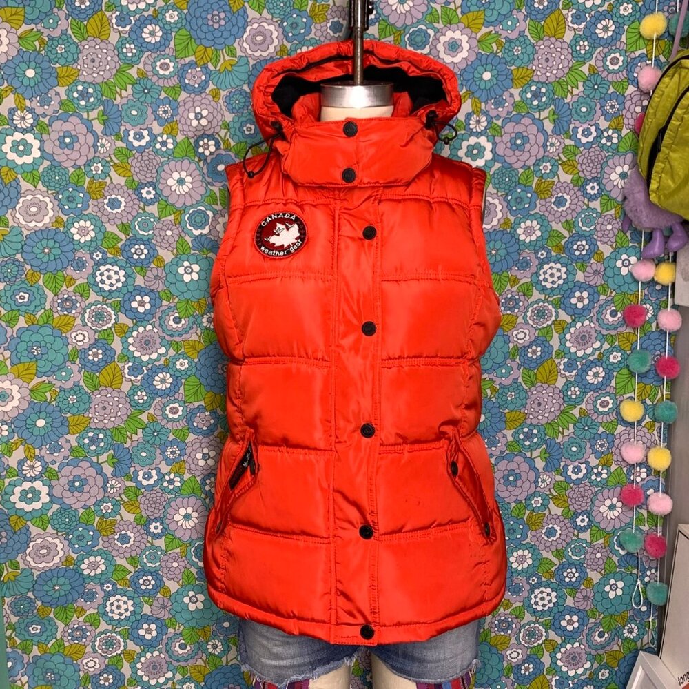 Red Sleeveless Puffer Vest with Hood - Canada Patch